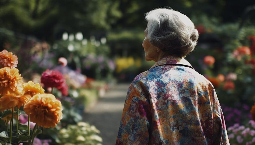 Imagem de uma idosa de costas, caminhando em um local com flores