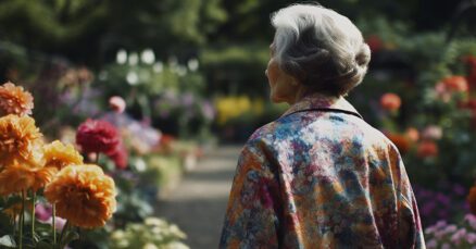 Imagem de uma idosa de costas, caminhando em um local com flores