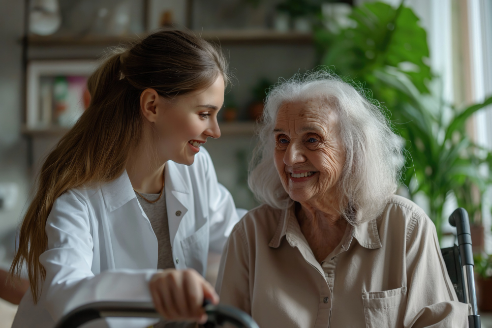 Idosa com Alzheimer participando de atividade de musicoterapia em lar adaptado