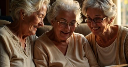Grupo de mulheres idosas sorridentes em um ambiente de convivência iluminado e seguro.