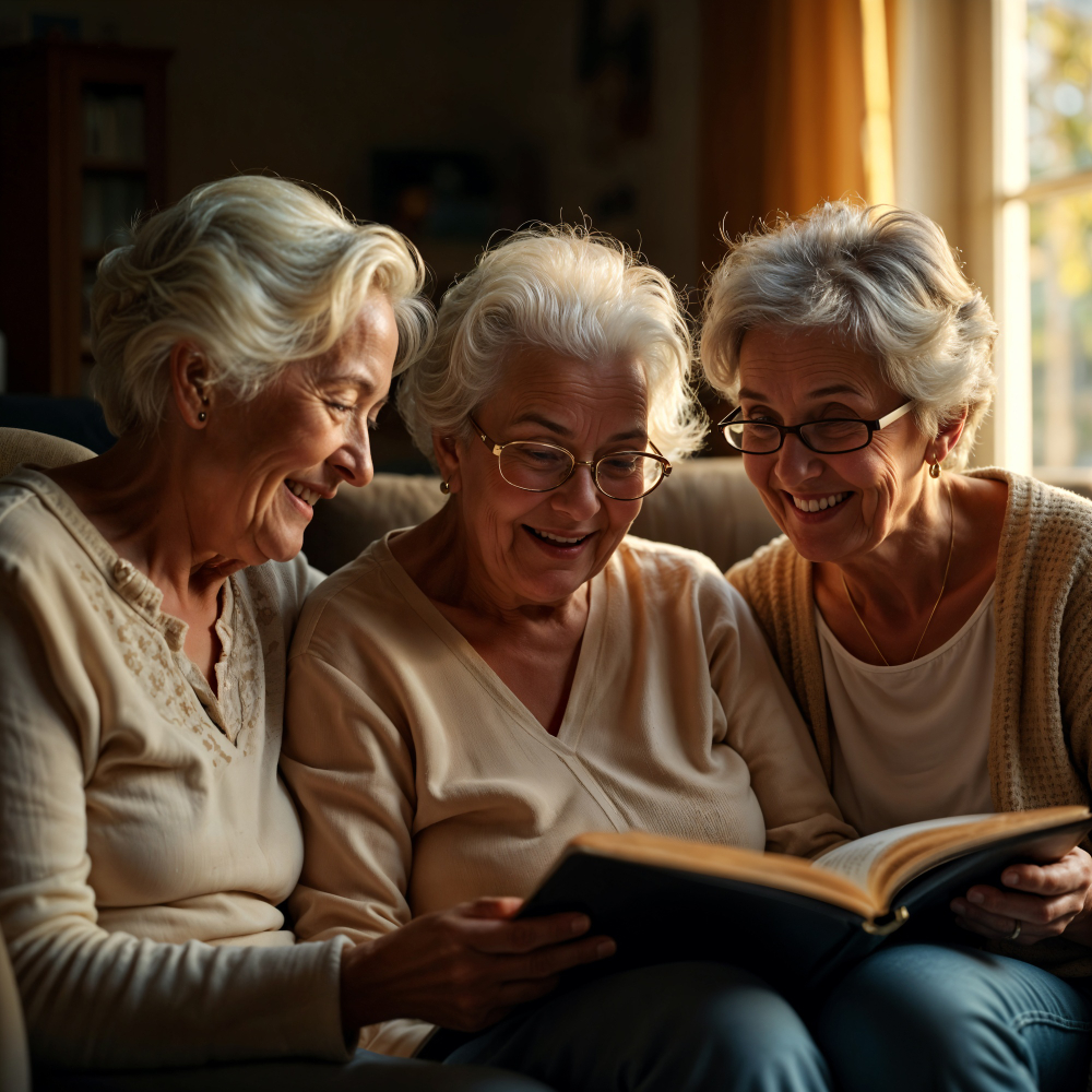 Grupo de mulheres idosas sorridentes em um ambiente de convivência iluminado e seguro.