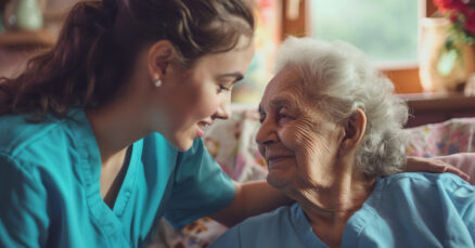 Blog 7 Enfermeira sorridente conversando com uma senhora idosa em um ambiente claro e arejado de uma casa de repouso feminina.