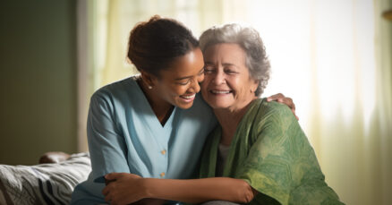 Blog 2 Idosa sorridente sendo acompanhada por profissional de enfermagem, ilustrando o cuidado especializado com demência, Alzheimer e Parkinson