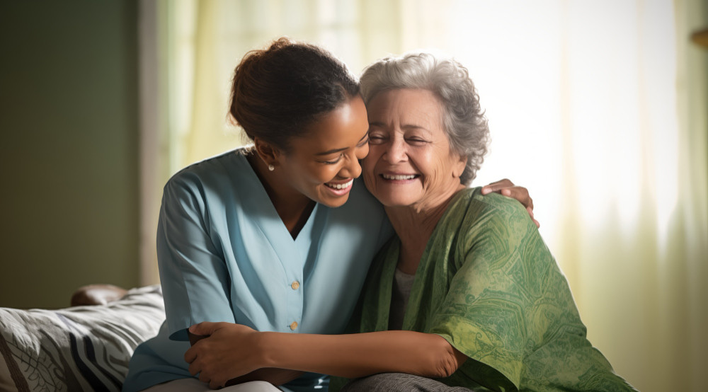 Home 2026 25 Idosa sorridente sendo acompanhada por profissional de enfermagem, ilustrando o cuidado especializado com demência, Alzheimer e Parkinson